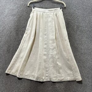 Jaeger Pleated Midi Skirt Women 8 Cream 100% Flax Linen Pockets Minimalist